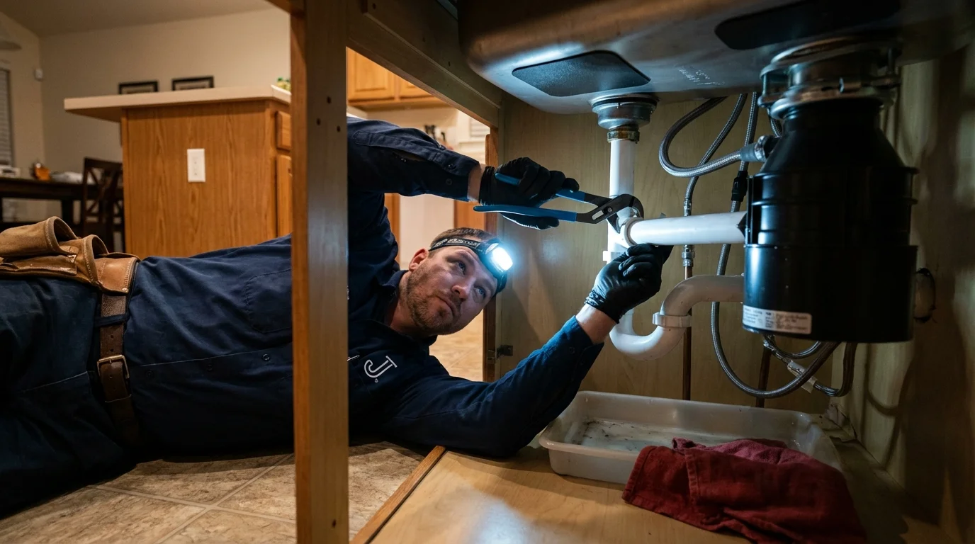 P-trap and supply line connections under a kitchen sink showing a common leak point in Parker, SD
